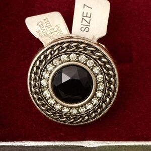 Lia Sophia Kiam Collection Silver Tone Black Stone Rhinestone Ring Size 7 NWT
